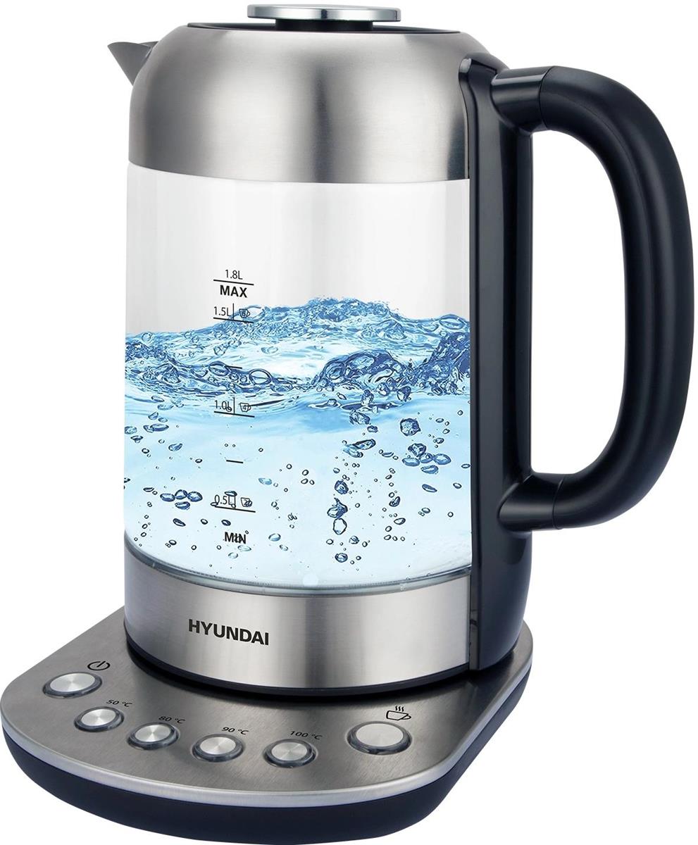 Изображение Электрический чайник Hyundai HYK-G8407 (2200 Вт/1,8 л /стекло/черный, серебристый)
