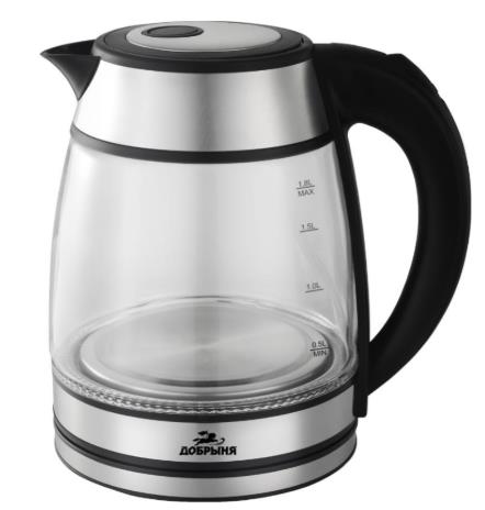 Изображение Электрический чайник Добрыня DO-1262 S (1800 Вт/1,8 л /стекло/прозрачный, серебристый)