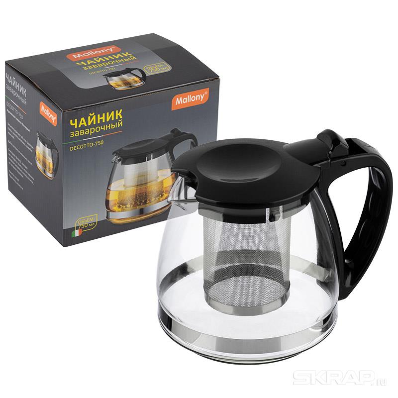 Изображение Чайник заварочный Mallony DECOTTO-750, фильтр (910132) (стекло, черный/0,75 л )
