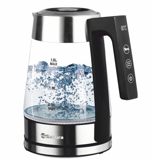 Изображение Электрический чайник Sakura SA-2747DBK (2200 Вт/1,8 л /стекло, металл, пластик/прозрачный, черный, серебристый)