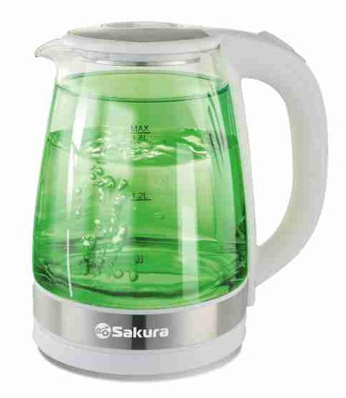 Изображение Электрический чайник Sakura SA-2744GR (1800 Вт/1,8 л /стекло, металл, пластик/зеленый, прозрачный, белый)
