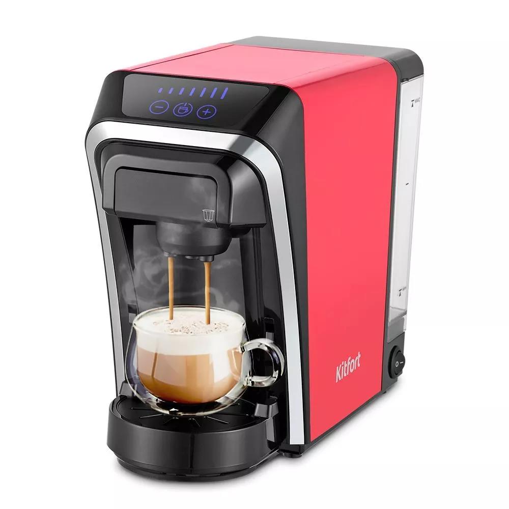 Изображение Кофеварка Kitfort КТ-7227 красный/черный, исп. кофе - капсулы/молотый, 0,8 л, 1400 Вт, 20 бар (комбинированная/0,8 л /1400 Вт )
